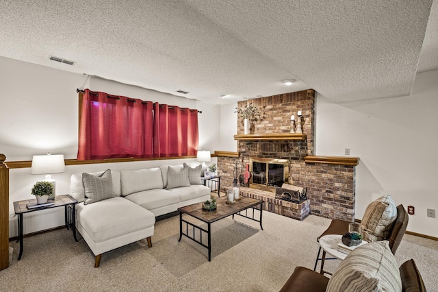 1306 Wynridge Dr, Arden Hills, MN 55112 - carpeted living area featuring a textured ceiling and a brick fireplace