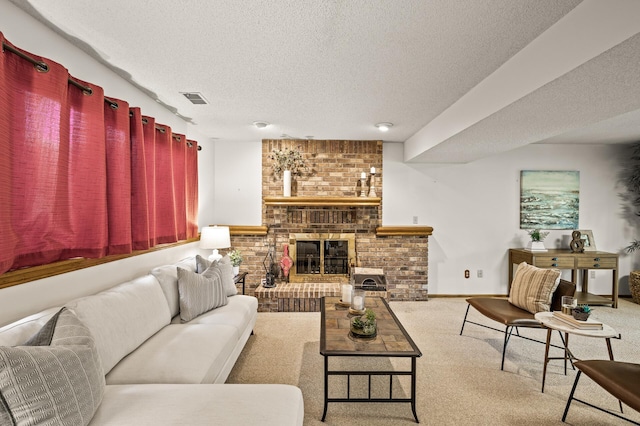 1306 Wynridge Dr, Arden Hills, MN 55112 - living room featuring a textured ceiling, carpet flooring, and a fireplace
