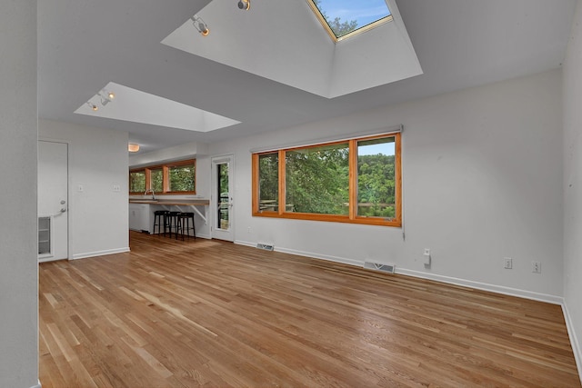 5848 16th Ave SE, Haven Twp, MN 56304 - unfurnished living room with a skylight and light wood-style flooring
