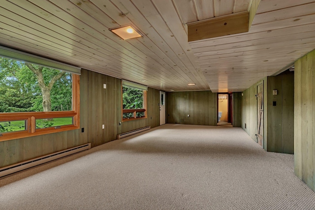 5848 16th Ave SE, Haven Twp, MN 56304 - empty room featuring a baseboard heating unit, carpet flooring, wood ceiling, and wooden walls