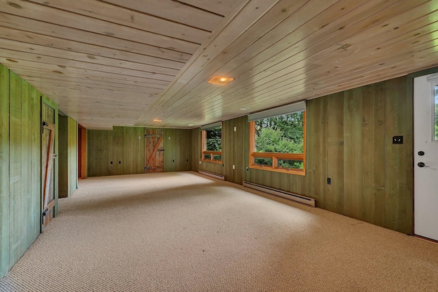 5848 16th Ave SE, Haven Twp, MN 56304 - carpeted spare room featuring a baseboard heating unit, a baseboard radiator, wood ceiling, and wooden walls