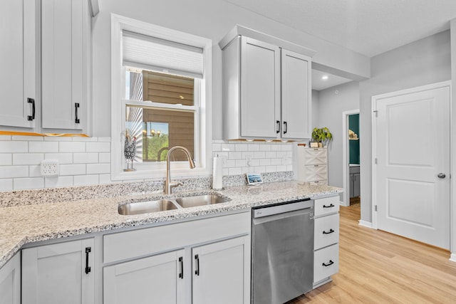 14811 Willemite St NW, Ramsey, MN 55303 - kitchen featuring dishwasher, light wood finished floors, light stone countertops, and backsplash