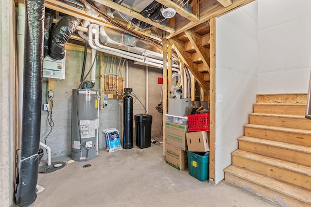 14811 Willemite St NW, Ramsey, MN 55303 - unfinished below grade area with gas water heater, stairway, and a water softener system