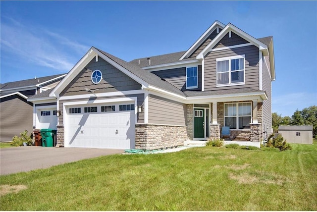 14385 Annapolis Ln N, Dayton, MN 55327 - craftsman-style house featuring an attached garage, stone siding, a front lawn, concrete driveway, and a porch