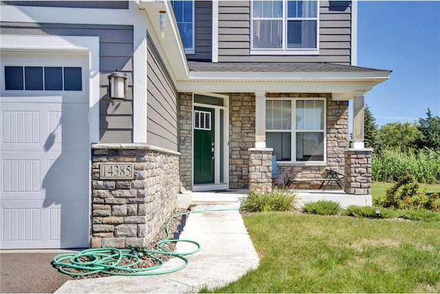 14385 Annapolis Ln N, Dayton, MN 55327 - view of exterior entry featuring stone siding, a porch, and a yard