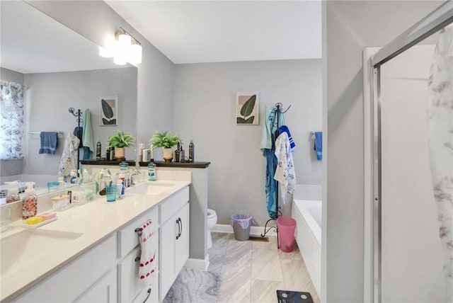 14385 Annapolis Ln N, Dayton, MN 55327 - full bath featuring double vanity, a garden tub, a shower stall, and marble finish flooring