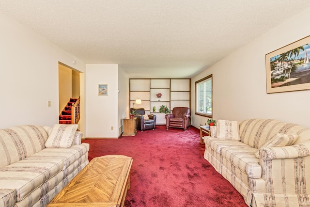5577 Alameda St, Shoreview, MN 55126 - carpeted living area featuring stairs and a textured ceiling