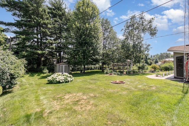9533 Chicago Ave S, Bloomington, MN 55420 - view of grassy yard featuring an outdoor fire pit and a shed