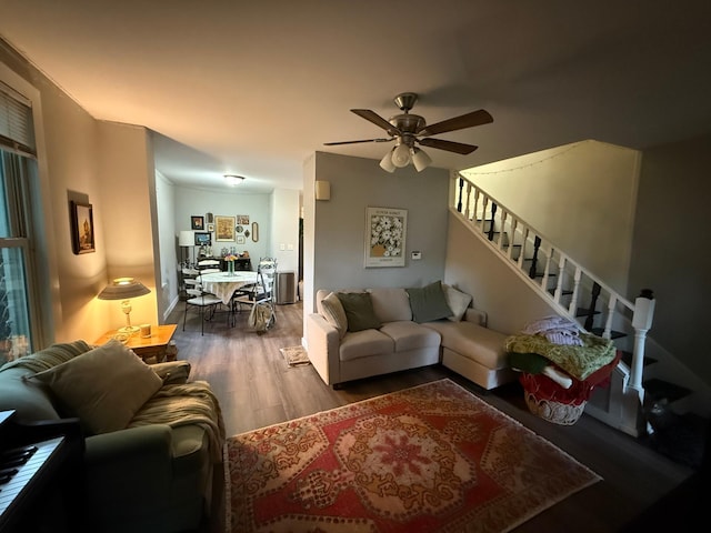 4520 Nicollet Ave, Minneapolis, MN 55419 - living area featuring wood finished floors, a ceiling fan, and stairs