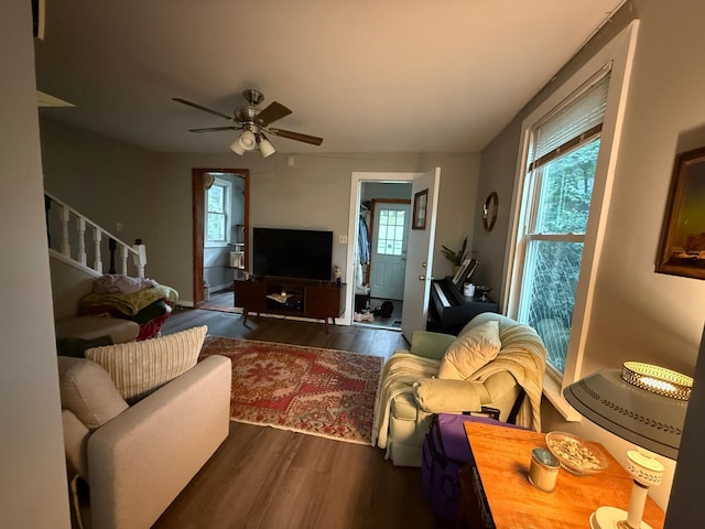 4520 Nicollet Ave, Minneapolis, MN 55419 - living room with dark wood-type flooring, plenty of natural light, a ceiling fan, and stairway
