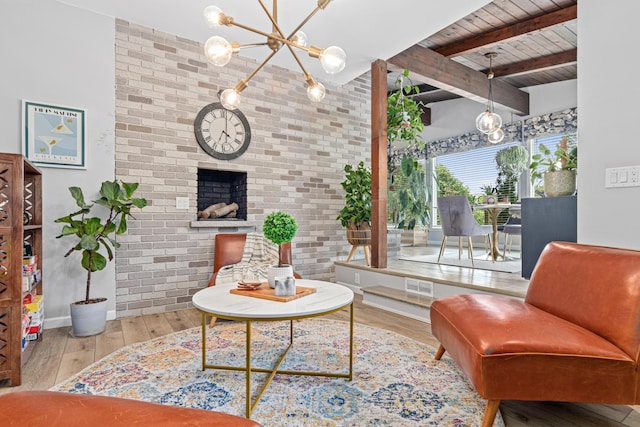 1466 Highview Ave, Eagan, MN 55121 - living room featuring brick wall, a chandelier, wood finished floors, a wooden ceiling with exposed beams, and a fireplace