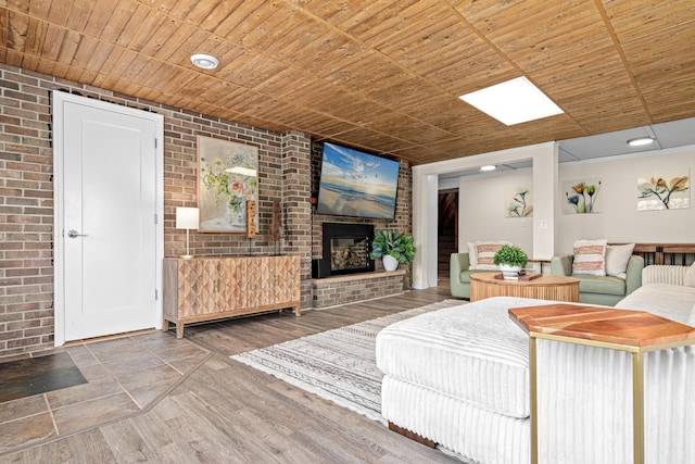 1466 Highview Ave, Eagan, MN 55121 - living room with brick wall, a fireplace, and wood ceiling