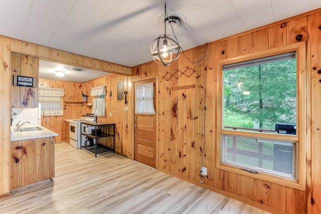 1625 Niles Ln, Balsam Lake Twp, WI 54824 - kitchen featuring electric stove, wood walls, healthy amount of natural light, and light wood finished floors