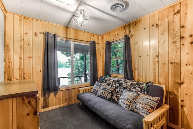 1625 Niles Ln, Balsam Lake Twp, WI 54824 - living area featuring wood walls, healthy amount of natural light, and carpet flooring
