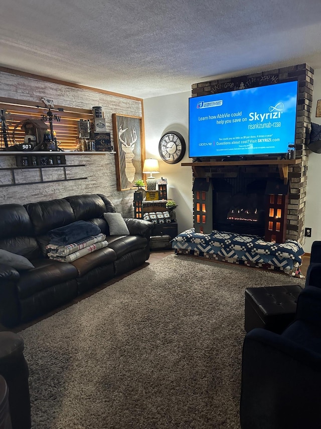 28040 Csah 25, Swede Grove Twp, MN 56243 - carpeted living room with a lit fireplace and a textured ceiling