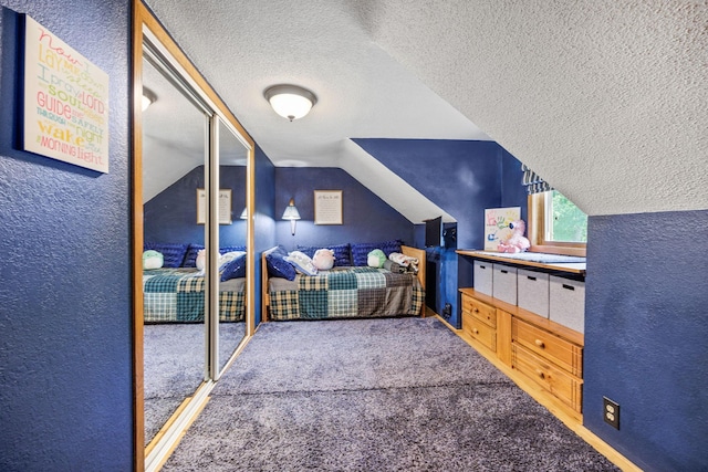 28040 Csah 25, Swede Grove Twp, MN 56243 - carpeted bedroom featuring a textured ceiling, a textured wall, and vaulted ceiling
