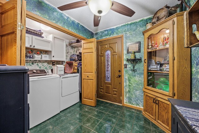 28040 Csah 25, Swede Grove Twp, MN 56243 - laundry area with wallpapered walls, separate washer and dryer, cabinet space, ceiling fan, and dark tile patterned floors