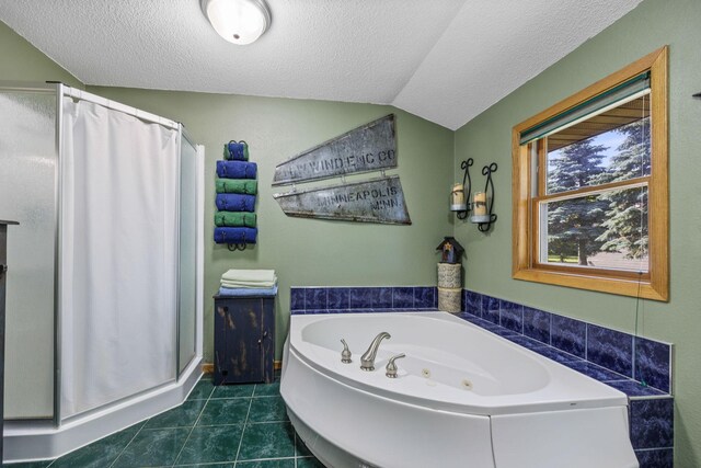 28040 Csah 25, Swede Grove Twp, MN 56243 - full bathroom featuring a stall shower, lofted ceiling, a tub with jets, a textured ceiling, and tile patterned floors