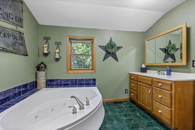 28040 Csah 25, Swede Grove Twp, MN 56243 - full bath with a jetted tub, vanity, a textured ceiling, and tile patterned flooring