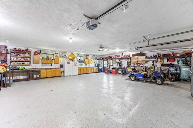 28040 Csah 25, Swede Grove Twp, MN 56243 - garage with freestanding refrigerator, a garage door opener, and a workshop area