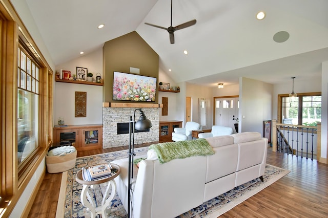 26888 734th Ave, Dassel Twp, MN 55325 - living room featuring ceiling fan, high vaulted ceiling, wood finished floors, and recessed lighting