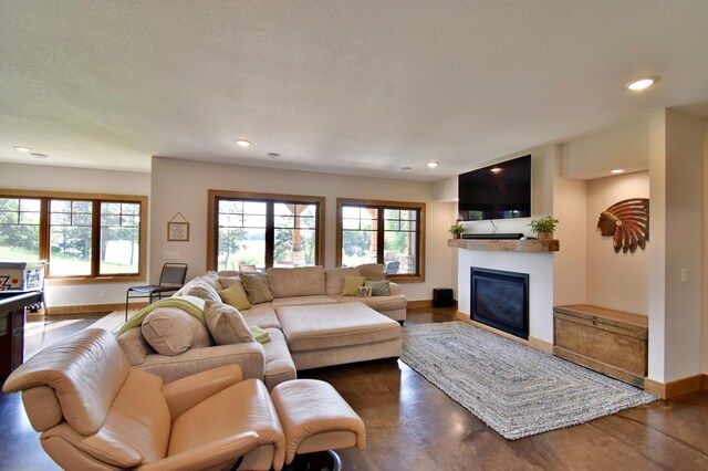 26888 734th Ave, Dassel Twp, MN 55325 - living area featuring a glass covered fireplace, recessed lighting, finished concrete floors, and a textured ceiling