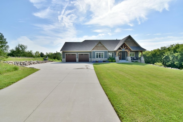 26888 734th Ave, Dassel Twp, MN 55325 - craftsman inspired home with an attached garage, stone siding, a front yard, a porch, and driveway