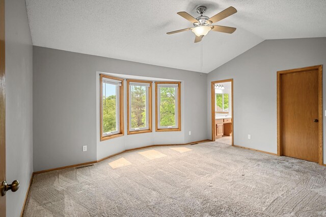 8798 Fountain Ln N, Maple Grove, MN 55311 - unfurnished bedroom with carpet, vaulted ceiling, a textured ceiling, ensuite bathroom, and ceiling fan