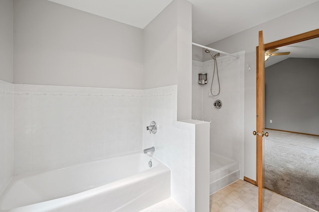 8798 Fountain Ln N, Maple Grove, MN 55311 - full bath featuring a garden tub, a walk in shower, lofted ceiling, and ceiling fan