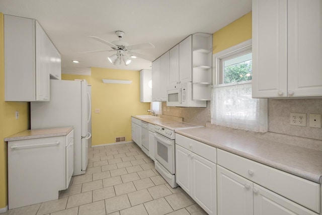 4901 99th St, Bloomington, MN 55437 - kitchen featuring white appliances, a ceiling fan, backsplash, white cabinets, and recessed lighting