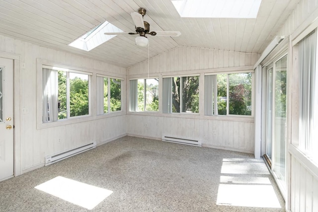 4901 99th St, Bloomington, MN 55437 - unfurnished sunroom with a skylight, a baseboard heating unit, healthy amount of natural light, vaulted ceiling, and wooden walls