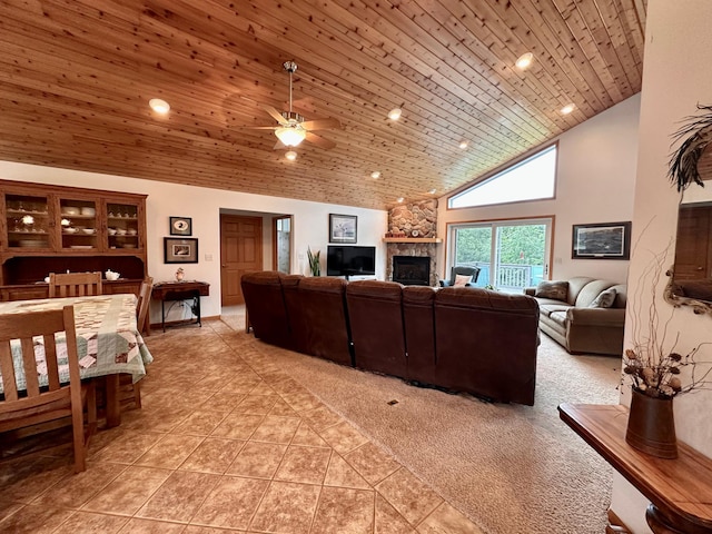 16521 Silver Ln NW, Evansville, MN 56326 - living area featuring high vaulted ceiling, a stone fireplace, light tile patterned flooring, wooden ceiling, and ceiling fan