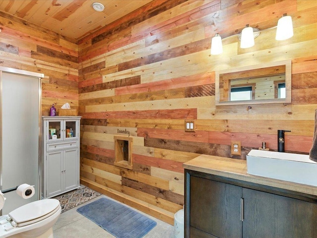 39561 Outing Ct, Fawn Lake Twp, MN 56438 - bathroom with wood walls, vanity, and wood ceiling