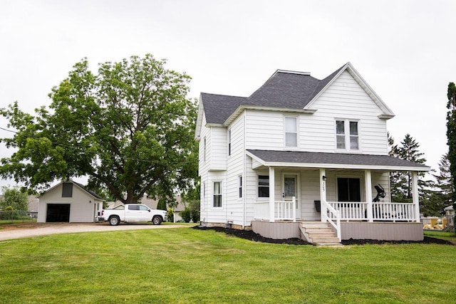 305 2nd Ave SE, Plainview, MN 55964 - view of front of property with covered porch, a shingled roof, dirt driveway, a front lawn, and a detached garage