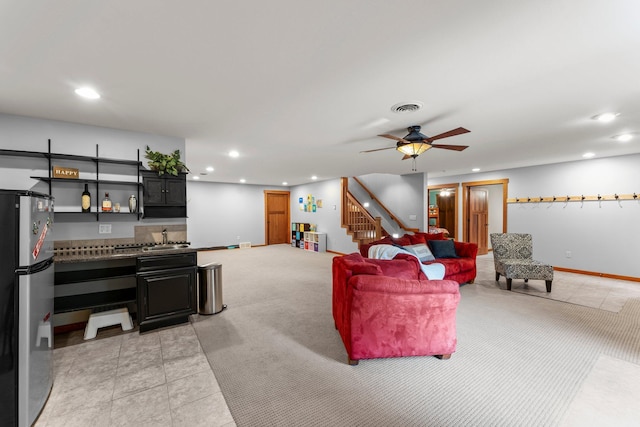 1905 Abby Rd, Cumberland, WI 54829 - living area featuring recessed lighting, stairs, ceiling fan, and light tile patterned flooring