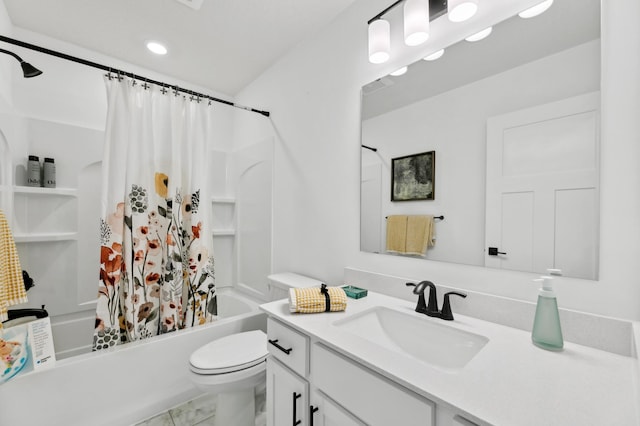 26622 8th St W, Zimmerman, MN 55398 - full bathroom featuring vanity, shower / bath combo with shower curtain, recessed lighting, and marble look tile flooring