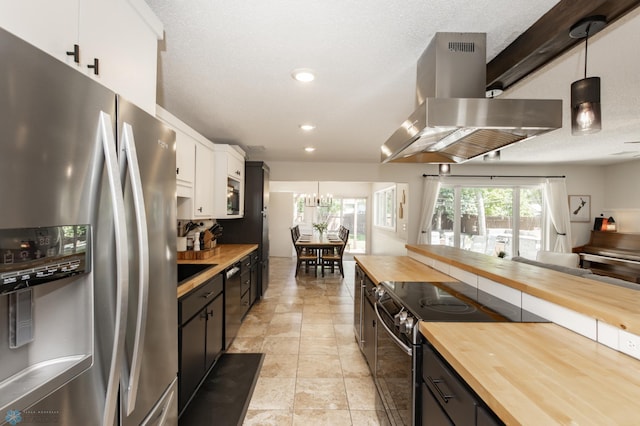 25 Birch Ln S, Fargo, ND 58103 - kitchen with stainless steel fridge, wood counters, electric range oven, ventilation hood, and white cabinets