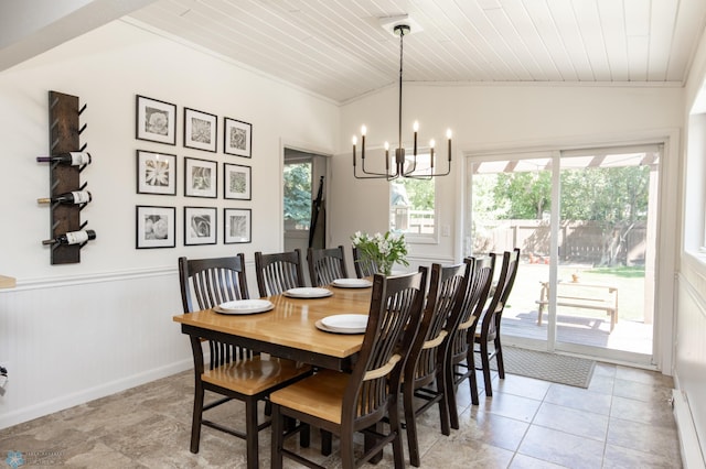 25 Birch Ln S, Fargo, ND 58103 - dining room with a chandelier, wooden ceiling, a wainscoted wall, ornamental molding, and light tile patterned floors