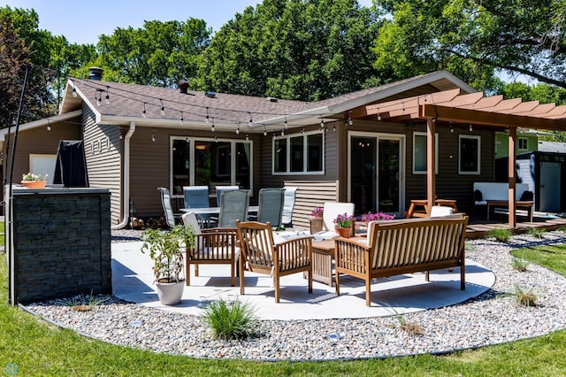 25 Birch Ln S, Fargo, ND 58103 - rear view of house with outdoor lounge area, a patio area, a storage shed, a shingled roof, and outdoor dining area