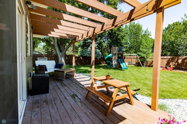 25 Birch Ln S, Fargo, ND 58103 - deck featuring a fenced backyard, a pergola, a playground, and outdoor lounge area