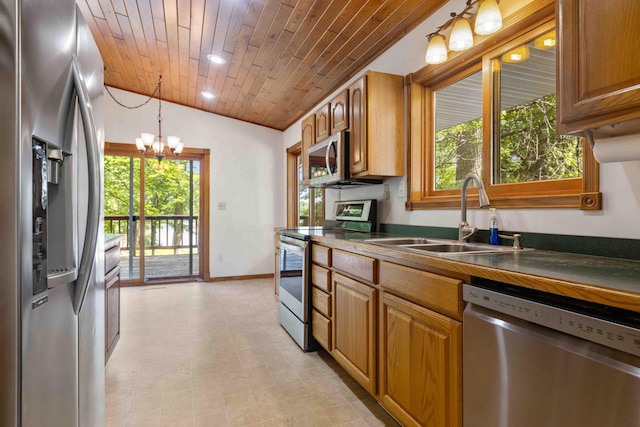 13384 Barnett Rd SW, Sylvan Twp, MN 56473 - kitchen featuring stainless steel appliances, dark countertops, wooden ceiling, a chandelier, and brown cabinets