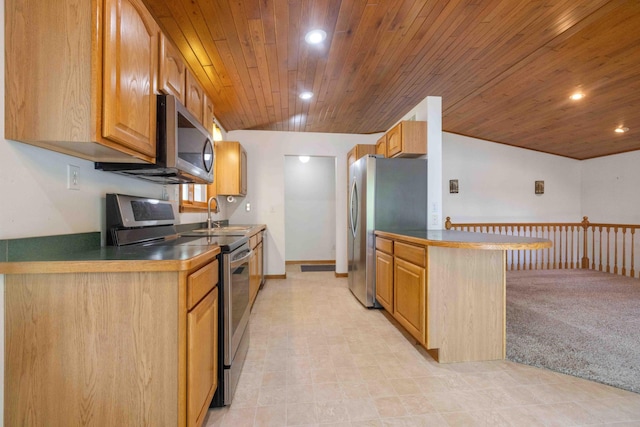 13384 Barnett Rd SW, Sylvan Twp, MN 56473 - kitchen featuring appliances with stainless steel finishes, wood ceiling, recessed lighting, a peninsula, and lofted ceiling
