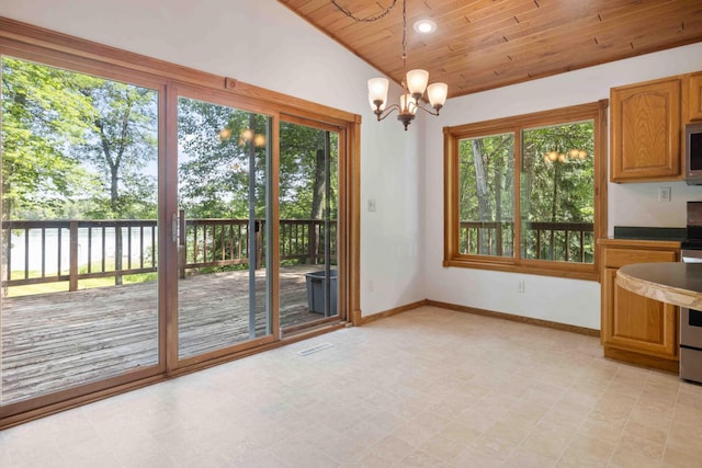 13384 Barnett Rd SW, Sylvan Twp, MN 56473 - unfurnished dining area featuring wooden ceiling, vaulted ceiling, and a chandelier