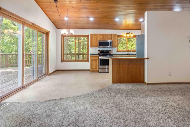 13384 Barnett Rd SW, Sylvan Twp, MN 56473 - kitchen featuring stainless steel appliances, wood ceiling, a chandelier, healthy amount of natural light, and decorative light fixtures