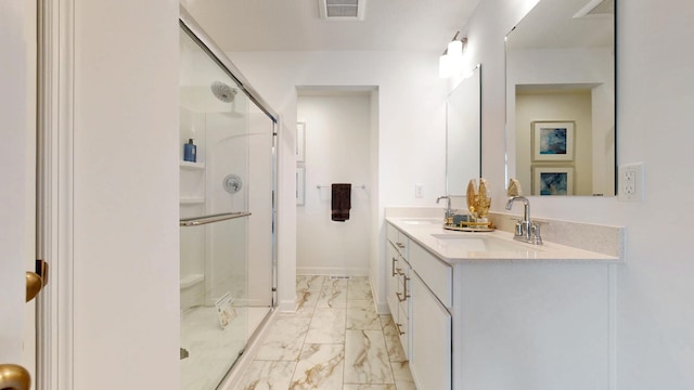 7593 Norway Ln, Lino Lakes, MN 55038 - full bath with marble finish floors, a stall shower, and double vanity