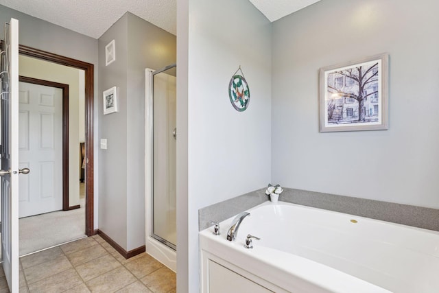 5214 Scott Ct, Robbinsdale, MN 55422 - bathroom with a bath, a stall shower, and a textured ceiling