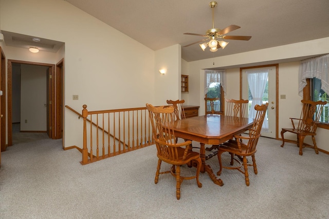 104 County Rd N, Le Roy, MN 55951 - dining space featuring carpet, vaulted ceiling, and a ceiling fan