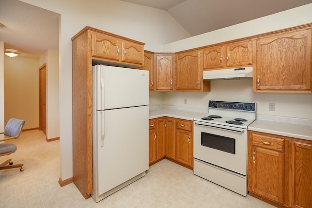 104 County Rd N, Le Roy, MN 55951 - kitchen featuring white appliances, under cabinet range hood, light countertops, brown cabinets, and lofted ceiling