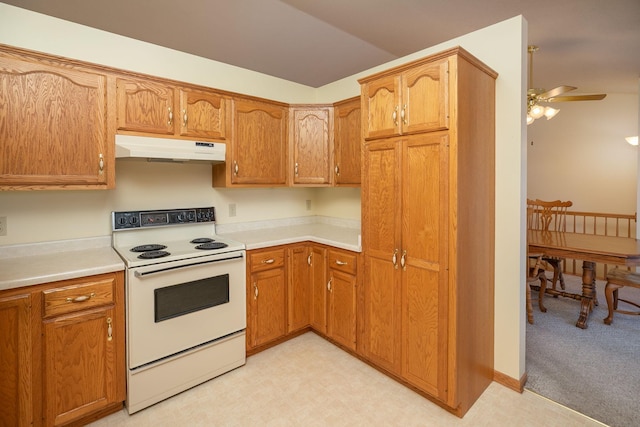 104 County Rd N, Le Roy, MN 55951 - kitchen with white electric range, under cabinet range hood, light countertops, and a ceiling fan