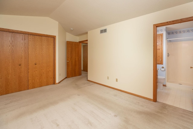 104 County Rd N, Le Roy, MN 55951 - unfurnished bedroom featuring a closet, carpet floors, lofted ceiling, and ensuite bath